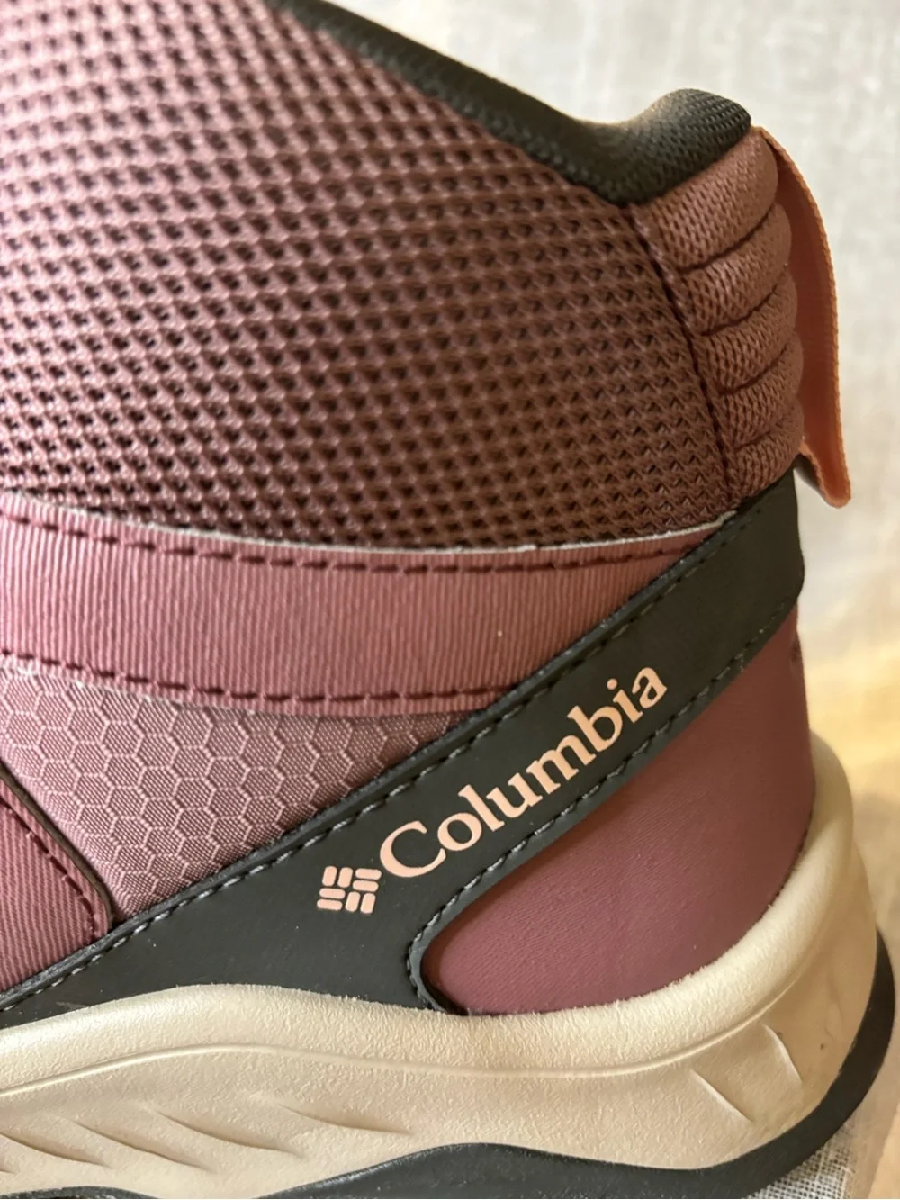Columbia Women's Dusty Burgundy/Tan Trail Mid-Top Hiking Shoes weatherproof.